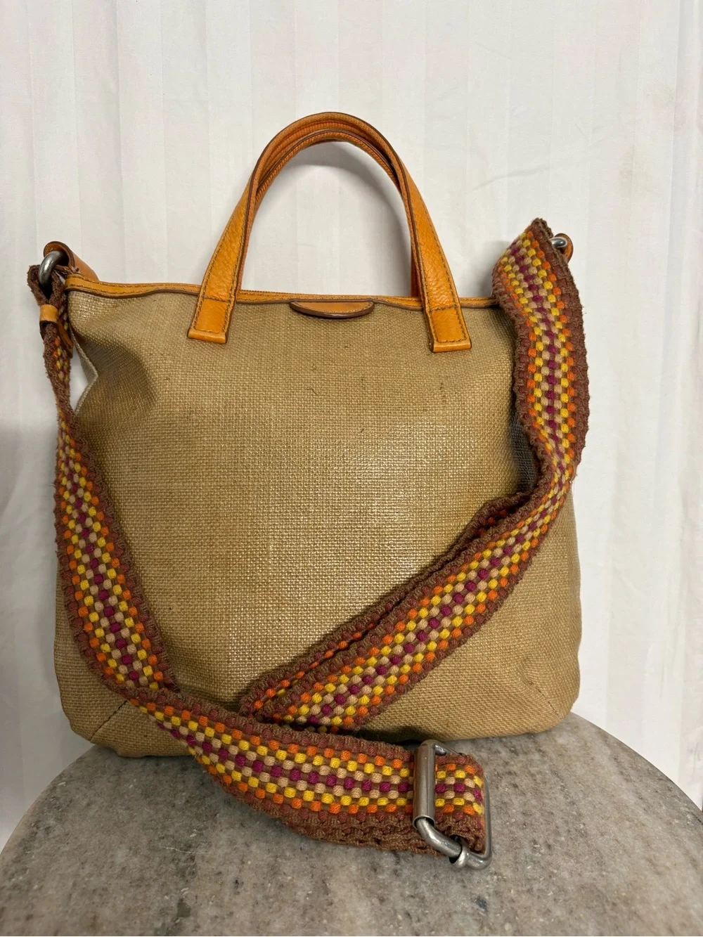 Fossil Tan Canvas Tote with Leather Trim and Multicolor Woven Strap